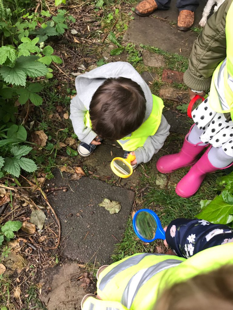 Children with magnifying glass looking at bugs