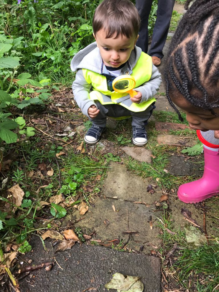 Children with magnifying glass looking at bugs